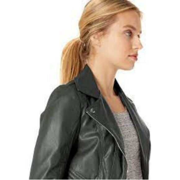 💕GUESS💕 Faux Leather Hooded Moto Jacket Zip Front Scuba ~ Hunter Green XL NWT - Picture 4 of 16